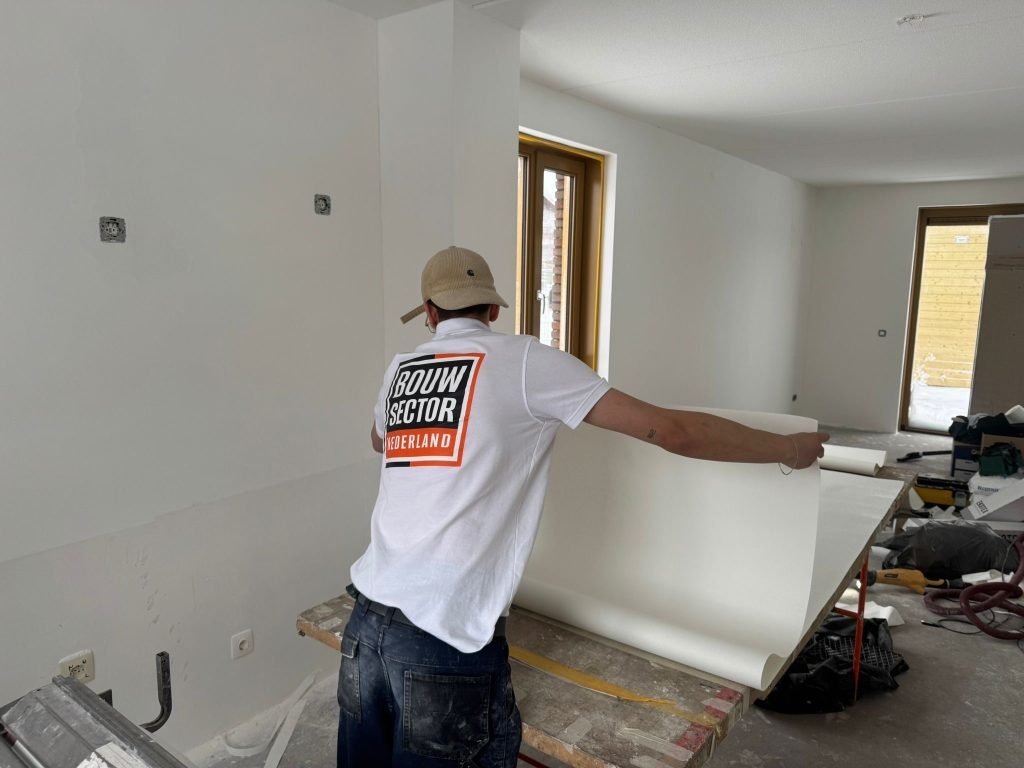 Vakman van Bouwsector Nederland houdt een baan vlies op bij de plaktafel in een nieuwbouwwoning