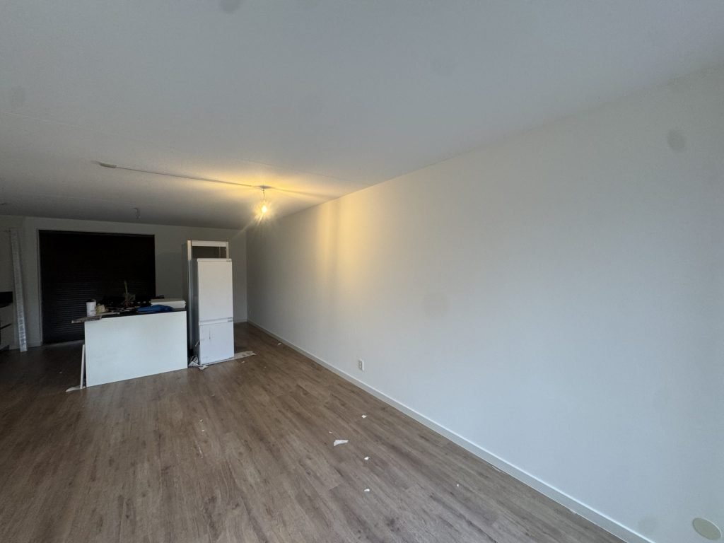 Lange woonkamerwand, glad en wit afgewerkt, met een keukenblok achterin